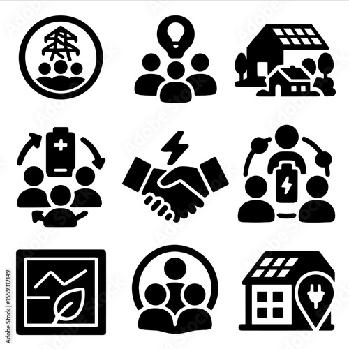 Community Energy Icons. Solid style icons of community energy sharing: local grid share badge, energy co-op icon, neighborhood