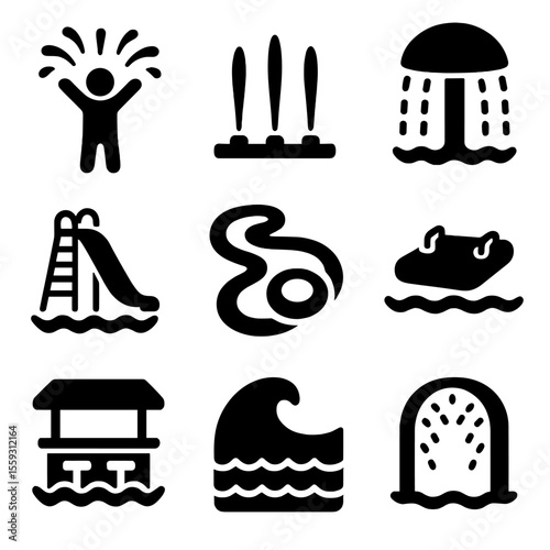 Water Park Icons. Solid vector icons of water play features: splash pad, water jets, mushroom fountain, water slide, lazy river
