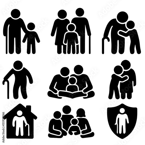 Intergenerational Family Icons. Solid vector icons of multi-generational support: grandparent with child, three-generation family,