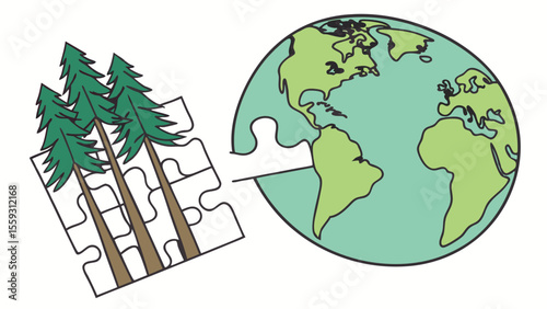 Earth Globe and Trees Puzzle Pieces Environmental Interconnection Concept.