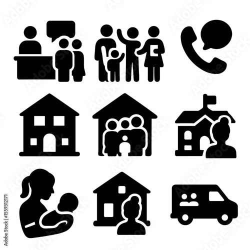Community Support Icons. Solid vector icons of community and institutional support: family at help desk, social worker visit,