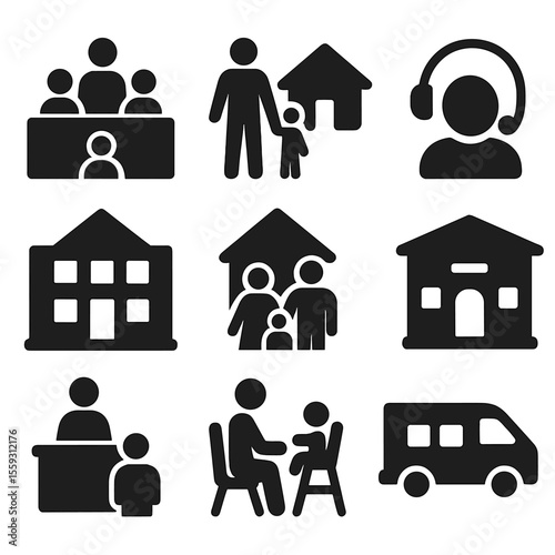 Community Support Icons. Solid vector icons of community and institutional support: family at help desk, social worker visit,