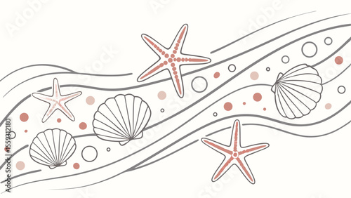 Elegant Seashells and Starfish on Wavy Lines Design.