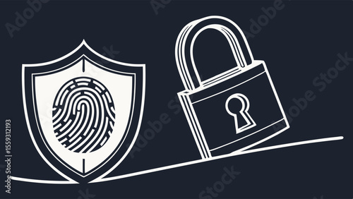 Fingerprint Inside Shield with Padlock Data Security Icon.