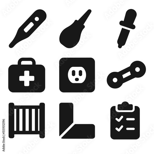 Baby Safety Tools. Solid vector icons of baby health and safety: digital thermometer, nasal aspirator, medicine dropper, baby
