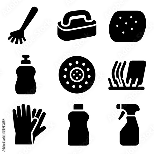 Kitchen Cleaning Tools. Solid vector icons of kitchen cleaning tools: dish brush, sponge with handle, scouring pad, dish soap