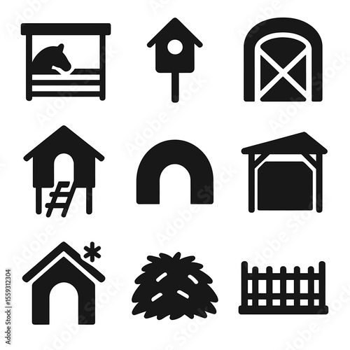 Animal Shelter Icons. Solid vector icons of shelter and housing: animal stall, nesting box, barn gate, coop ladder, pig shelter,