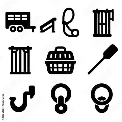 Livestock Transport Icons. Solid vector icons of transport and handling: livestock trailer, loading ramp, halter rope, headgate,