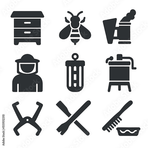 Bee Tools Icons. Solid vector icons of bee and apiary tools: hive box, smoker, beekeeping suit, queen cage, honey extractor, frame