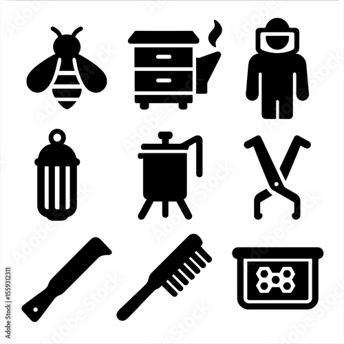Bee Tools Icons. Solid vector icons of bee and apiary tools: hive box, smoker, beekeeping suit, queen cage, honey extractor, frame
