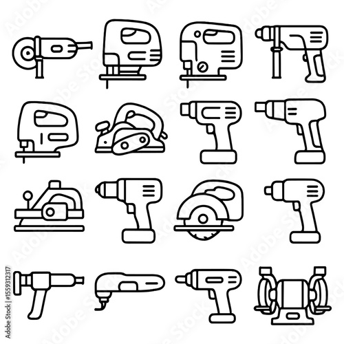 Power Tools Icons. Line style icons of power tools: angle grinder, jigsaw, cordless drill, rotary hammer, heat gun, power planer,