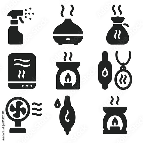 Scent Delivery Icons. Solid vector icons of scent delivery tools: mist sprayer, steam diffuser, oil warmer, scented sachet, air