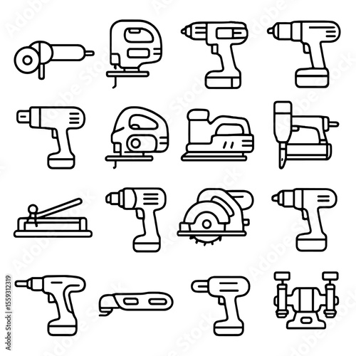 Power Tools Icons. Line style icons of power tools: angle grinder, jigsaw, cordless drill, rotary hammer, heat gun, power planer,