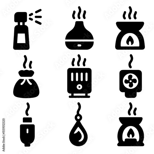Scent Delivery Icons. Solid vector icons of scent delivery tools: mist sprayer, steam diffuser, oil warmer, scented sachet, air