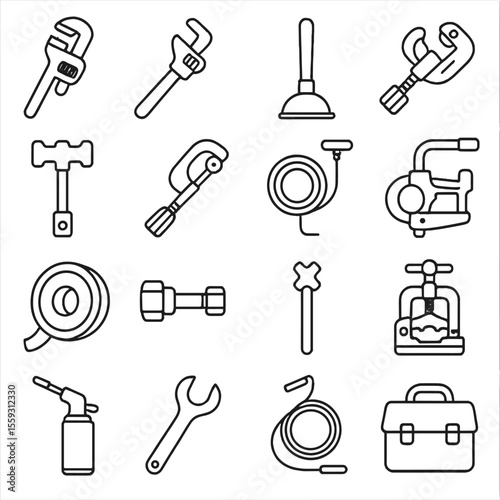 Plumbing Tools Icons. Line style icons of plumbing tools: pipe wrench, basin wrench, plunger, pipe cutter, faucet key, pipe bender