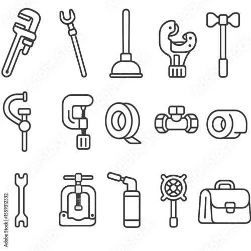 Plumbing Tools Icons. Line style icons of plumbing tools: pipe wrench, basin wrench, plunger, pipe cutter, faucet key, pipe bender