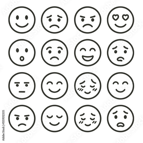 Emotional Reaction Icons. Line style icons of emotional reactions: smile, sadness, anger, love, surprise, fear, joy, confusion,