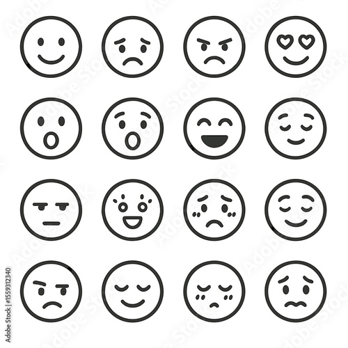 Emotional Reaction Icons. Line style icons of emotional reactions: smile, sadness, anger, love, surprise, fear, joy, confusion,