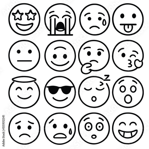 Emoji Line Icons. Line style icons of emoji-style reactions: star eyes, crying loudly, sweating face, tongue out, neutral face,
