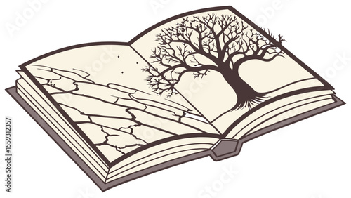 Illustrated Open Book Depicting a Tree and Landscape Scene.