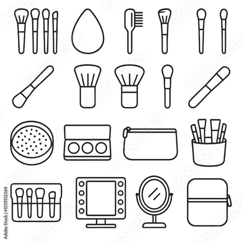 Makeup Tools Icons. Line style icons of makeup tools: brushes set, sponge applicator, eyelash comb, blending brush, angled brush,