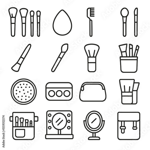 Makeup Tools Icons. Line style icons of makeup tools: brushes set, sponge applicator, eyelash comb, blending brush, angled brush,