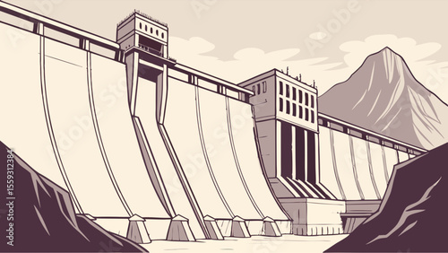 Imposing Hydroelectric Dam Against Mountainous Terrain.
