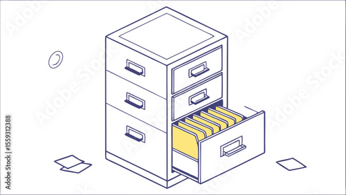 Isometric Illustration of a Filing Cabinet with Open Drawer.