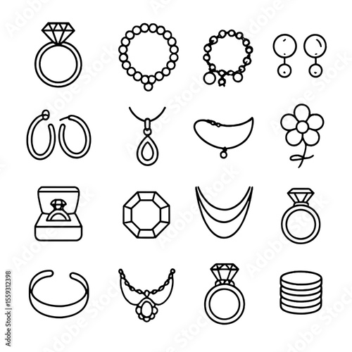 Jewelry Icon Set. Line style icons of jewelry items: diamond ring, pearl necklace, charm bracelet, stud earrings, hoop earrings,