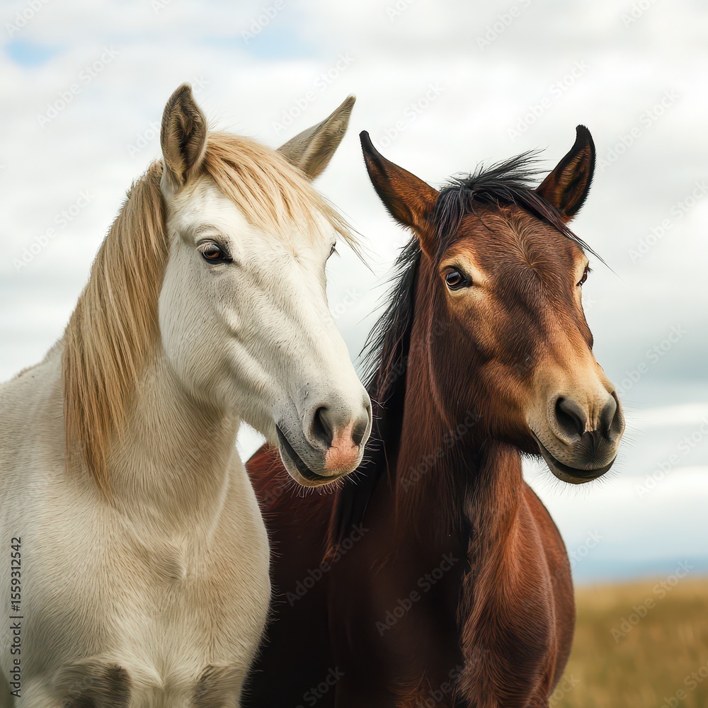 Obraz premium Horses in a sunny green pasture