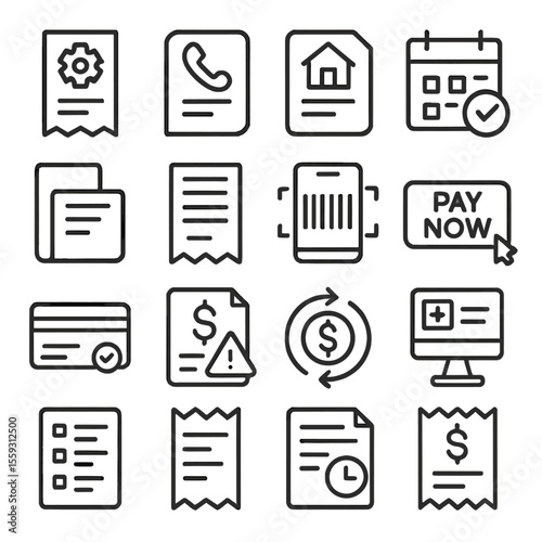 Payment Icons Collection. Line style icons of bills and payments: utility bill, phone bill, rent icon, due date icon, bill folder,