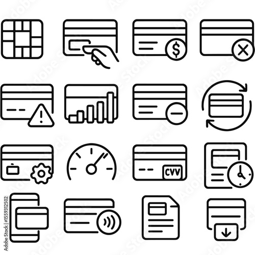Line Style Payments Icons. Line style icons of credit and debit: credit card chip, swipe icon, card balance, card declined,