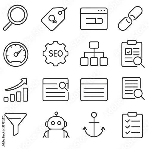 SEO Icon Set. Line style icons of SEO and optimization: magnifying glass, keyword tag, meta title, backlink icon, page speed, SEO