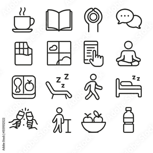 Office Break Icons. Line style icons of office break activities: coffee cup, reading book, stretching icon, chat group, snack