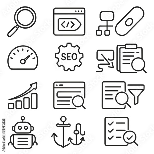 SEO Icon Set. Line style icons of SEO and optimization: magnifying glass, keyword tag, meta title, backlink icon, page speed, SEO