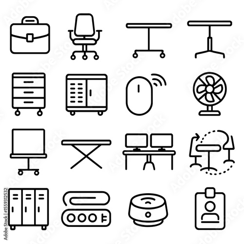 Office Mobility Icons. Line style icons of office mobility: laptop bag, rolling chair, desk on wheels, standing desk, movable