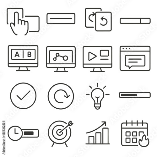 Interactive Learning Icons. Line style icons of interactive learning: drag-and-drop icon, fill-in-the-blank, flashcard flip,
