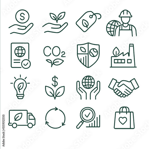 Green Economy Icons. Line style icons of green economy: eco finance, sustainable investment, ethical brand, green job, CSR report,