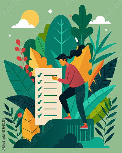 Surrounded by lush greenery and tropical flowers providing a calming environment while tackling your long todo list.. Vector illustration