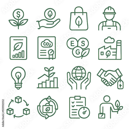 Green Economy Icons. Line style icons of green economy: eco finance, sustainable investment, ethical brand, green job, CSR report,