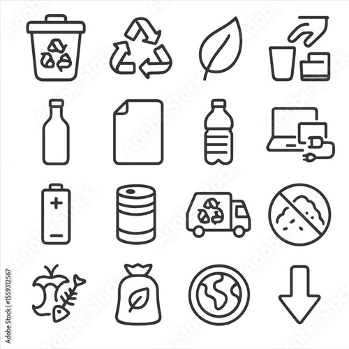 Recycling Icon Set. Line style icons of recycling and waste: recycling bin, recycle arrows, compost leaf, trash sorting, glass