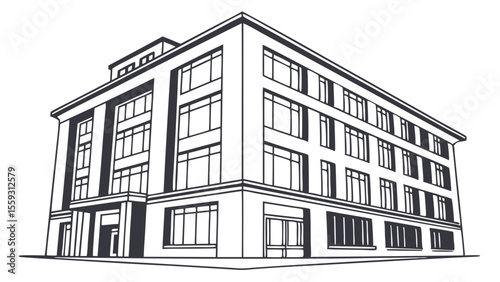 Modern Architectural Building Depicted in Black and White Line Art.
