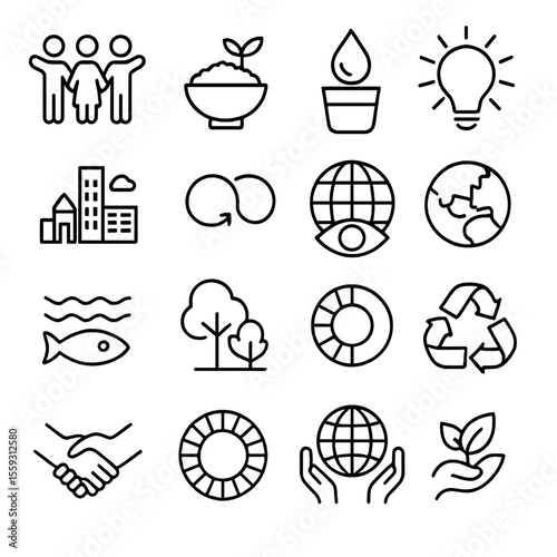 SDG Icons Overview. Line style icons of global sustainability goals: goal 1 no poverty, goal 2 zero hunger, goal 6 clean water,