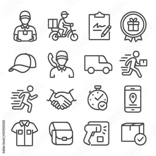 Courier Service Icons. Line style icons of courier services: courier with package, delivery on bike, signature pad, delivery badge