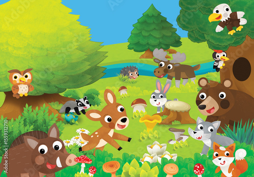 Photography cartoon fun scene different forest animals friends in forest illustration