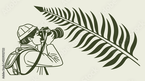 Photographer with Camera and Fern Leaf Illustration.
