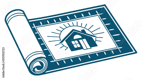 Rolled Blueprint Featuring House and Sun Design.
