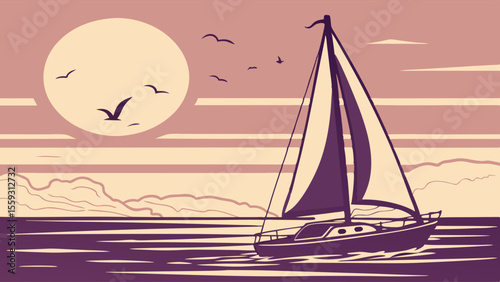 Sailing Vessel at Sunset over Calm Water.