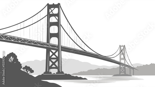 Silhouetted Golden Gate Bridge over Water.