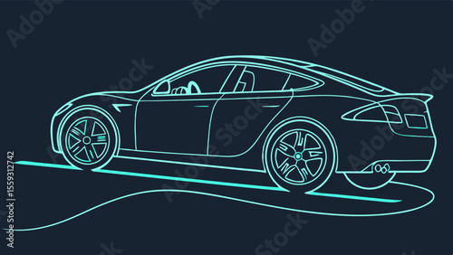 Sleek Electric Car Outline on Dark Background with Road.